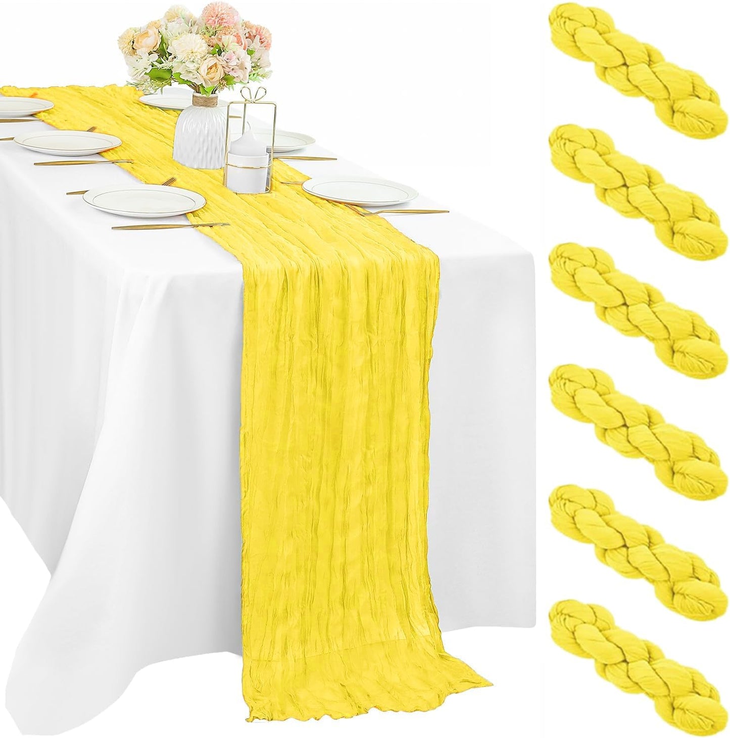 Yellow 6 Pieces Cheesecloth Table Runner 10FT Runner for Tables Gauze Fabric Boho Table Runner Decoration Rustic Sheer Runner for Wedding Shower Birthday Party Table Arbor Decor (35 x 120 Inches Long)