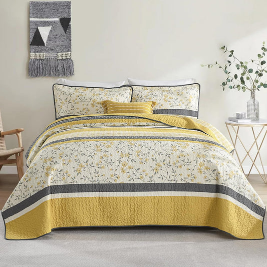 Yellow Quilt King Size, 100% Cotton Lightweight Floral 3 Pieces Quilted Bedding Set, Vintage Botanical Striped Bedspread with 2 Pillowshams, Farmhouse Printed Coverlet for All Season