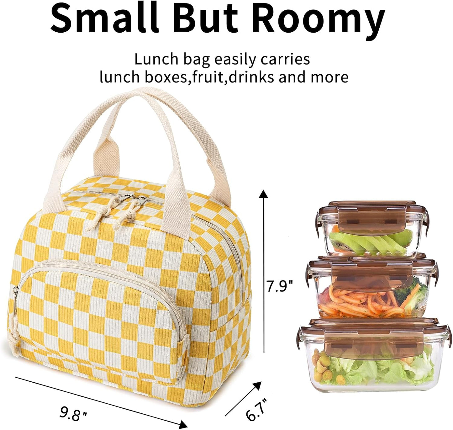 Lunch Bag Women Lunch Box for Women Adult Cute Insulated Lunch Bag Small Cooler Lunch Tote Bags for Work Picnic Travel (Beige-Yellow Plaid)