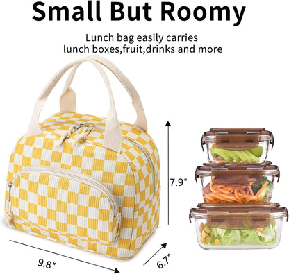 Lunch Bag Women Lunch Box for Women Adult Cute Insulated Lunch Bag Small Cooler Lunch Tote Bags for Work Picnic Travel (Beige-Yellow Plaid)