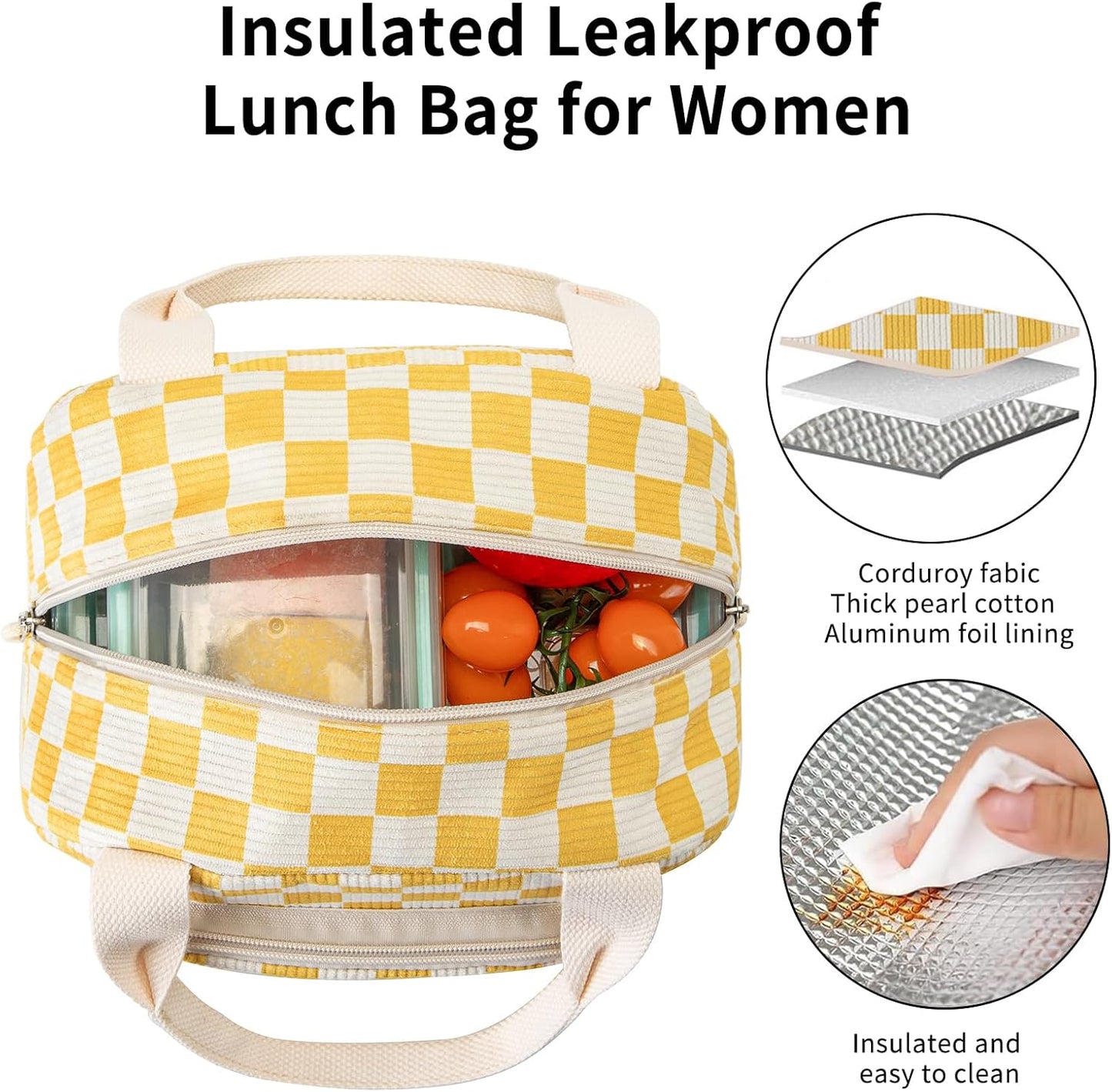 Lunch Bag Women Lunch Box for Women Adult Cute Insulated Lunch Bag Small Cooler Lunch Tote Bags for Work Picnic Travel (Beige-Yellow Plaid)
