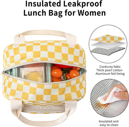 Lunch Bag Women Lunch Box for Women Adult Cute Insulated Lunch Bag Small Cooler Lunch Tote Bags for Work Picnic Travel (Beige-Yellow Plaid)