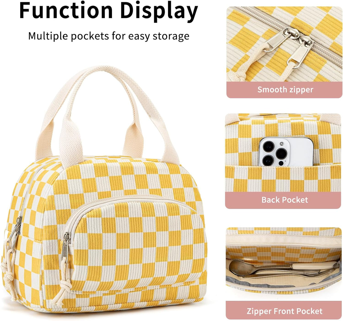 Lunch Bag Women Lunch Box for Women Adult Cute Insulated Lunch Bag Small Cooler Lunch Tote Bags for Work Picnic Travel (Beige-Yellow Plaid)