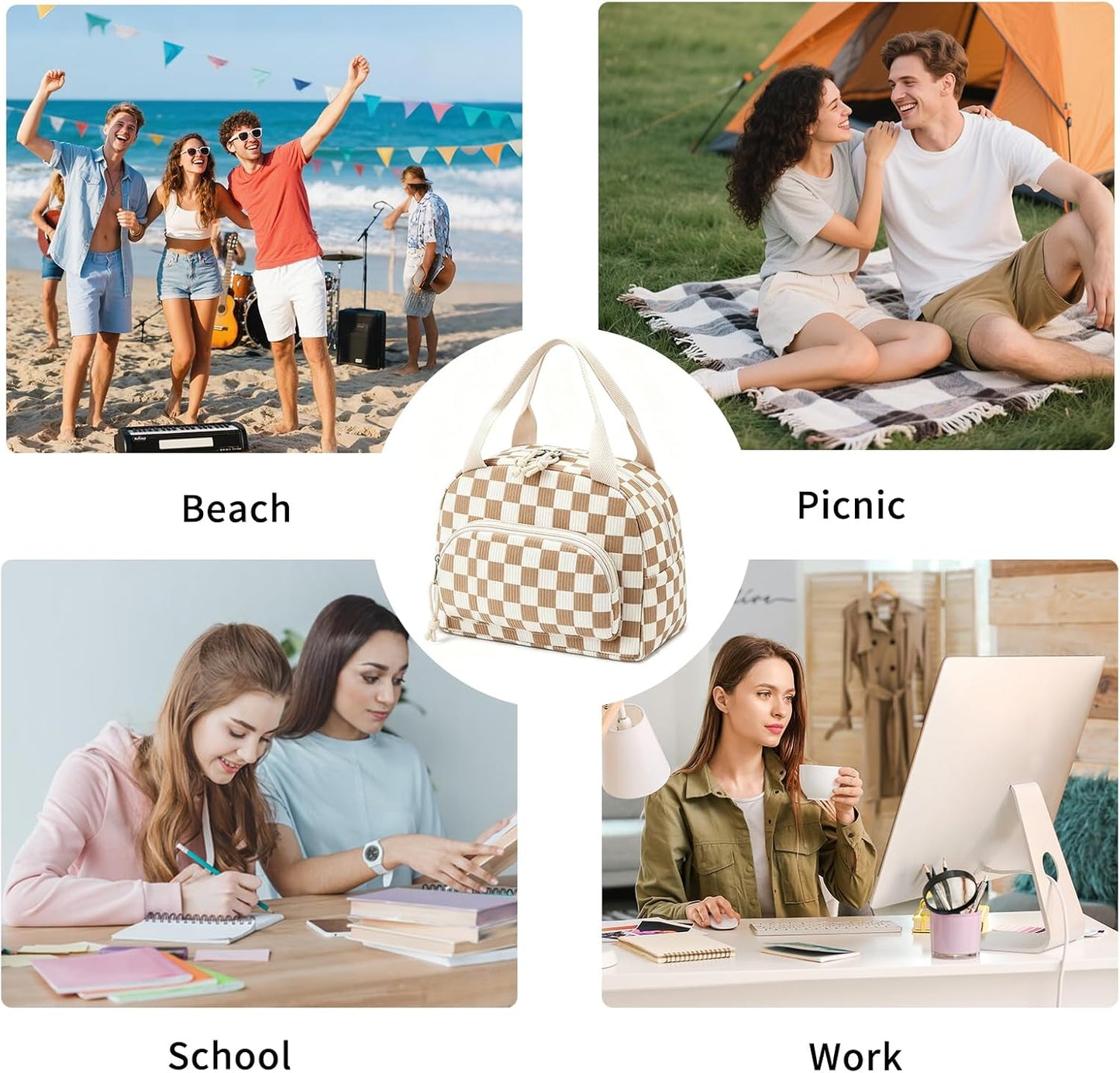 Lunch Bag Women Lunch Box for Women Adult Cute Insulated Lunch Bag Small Cooler Lunch Tote Bags for Work Picnic Travel (Beige-Yellow Plaid)