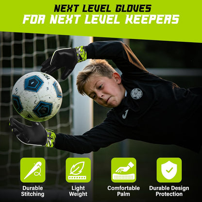 Kids Soccer Goalie Gloves – Youth Football Goalkeeper Gloves for Boys, Youth & Children with Strong Anti-Slip 4mm Latex Grip Palm, Double Wrist Support & Durable Football Gloves