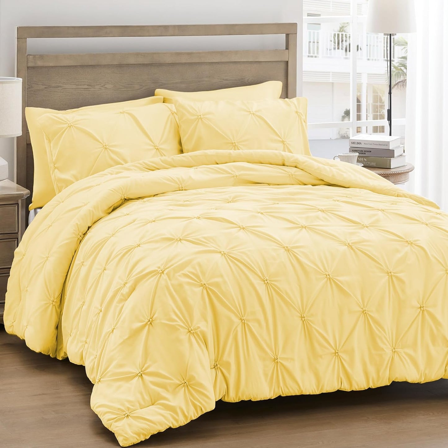 Queen Comforter Set Yellow - Ultra Soft Boho Pintuck Down Alternative Bedding Set for All Seasons, 3 Pieces Lightweight Warm Pinch Pleat Bed Set with Comforter, 2 Pillowcases