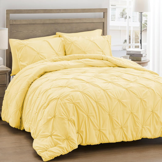 Queen Comforter Set Yellow - Ultra Soft Boho Pintuck Down Alternative Bedding Set for All Seasons, 3 Pieces Lightweight Warm Pinch Pleat Bed Set with Comforter, 2 Pillowcases