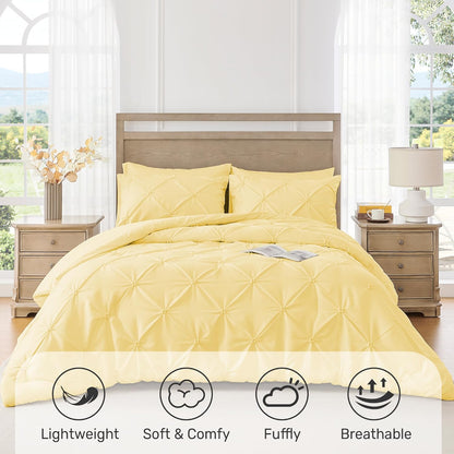 Queen Comforter Set Yellow - Ultra Soft Boho Pintuck Down Alternative Bedding Set for All Seasons, 3 Pieces Lightweight Warm Pinch Pleat Bed Set with Comforter, 2 Pillowcases