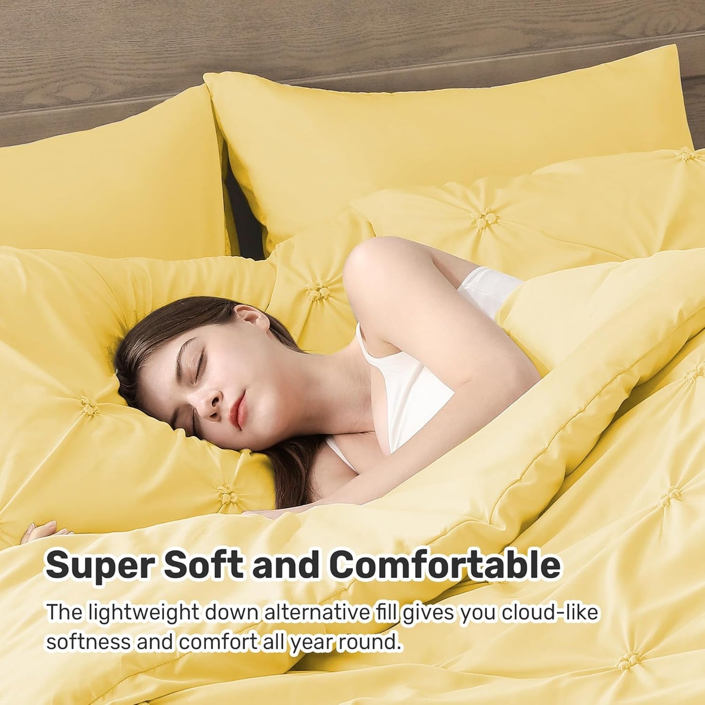 Queen Comforter Set Yellow - Ultra Soft Boho Pintuck Down Alternative Bedding Set for All Seasons, 3 Pieces Lightweight Warm Pinch Pleat Bed Set with Comforter, 2 Pillowcases