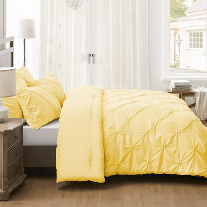 Queen Comforter Set Yellow - Ultra Soft Boho Pintuck Down Alternative Bedding Set for All Seasons, 3 Pieces Lightweight Warm Pinch Pleat Bed Set with Comforter, 2 Pillowcases
