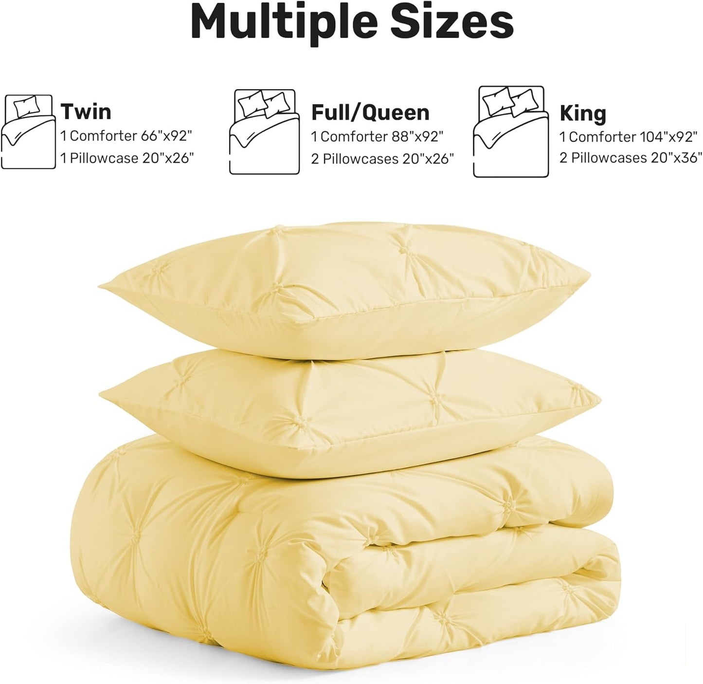Queen Comforter Set Yellow - Ultra Soft Boho Pintuck Down Alternative Bedding Set for All Seasons, 3 Pieces Lightweight Warm Pinch Pleat Bed Set with Comforter, 2 Pillowcases
