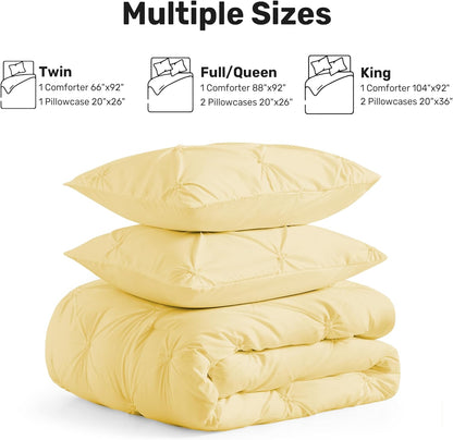 Queen Comforter Set Yellow - Ultra Soft Boho Pintuck Down Alternative Bedding Set for All Seasons, 3 Pieces Lightweight Warm Pinch Pleat Bed Set with Comforter, 2 Pillowcases