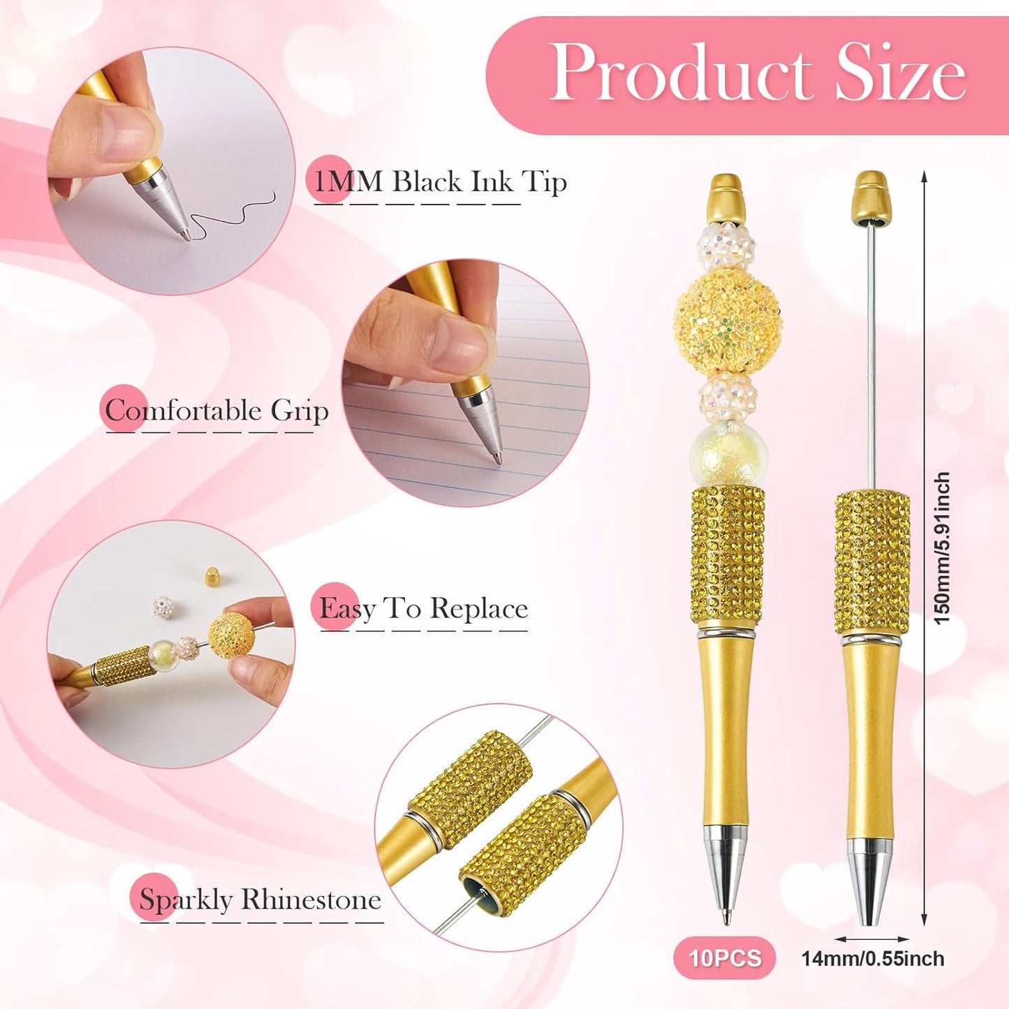 Elecrelive 10Pcs Rhinestone Beadable Pens Diamond Beadable Ballpoint Pens Glitter Beadable Pens Crystal Beaded Pens DIY Beadable Pens Kit for Office School Party Supplies (Yellow)