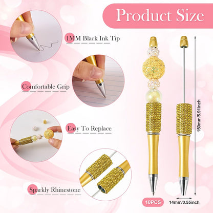 Elecrelive 10Pcs Rhinestone Beadable Pens Diamond Beadable Ballpoint Pens Glitter Beadable Pens Crystal Beaded Pens DIY Beadable Pens Kit for Office School Party Supplies (Yellow)