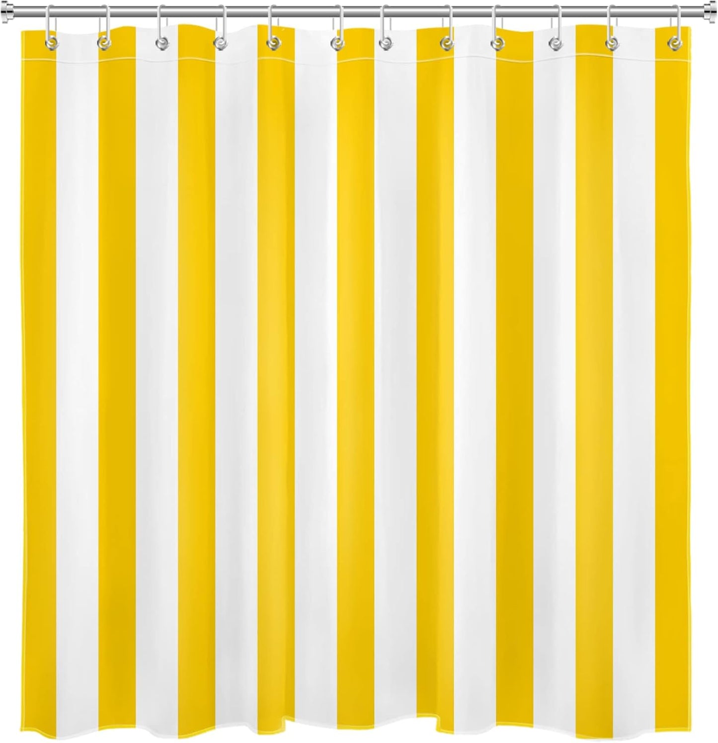 White and Yellow Striped Shower Curtain Sets with Rugs Geometric Patterns Vertical Stripe Fabric Shower Curtain with Hooks Modern Farmhouse Bathroom Curtains Shower Set, 70x70 inches