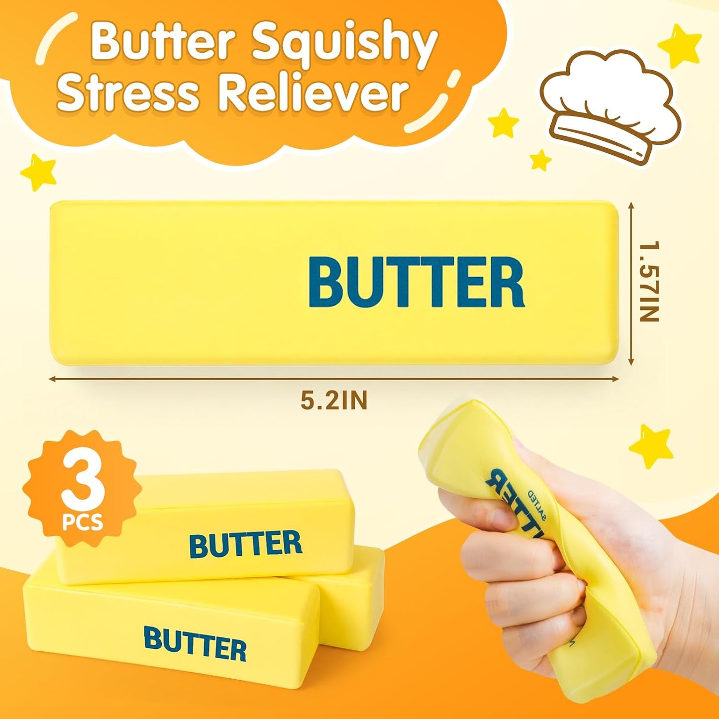 3 Packs Butter Squishy Slow Rising Squeeze Toys, Sensory Fidget Toys | Sensory Fidget Stress Relief Squishies,Soft Realistic Fidget Toys Anxiety Relief Party Favors Butter for Kids＆Adult(Yellow)