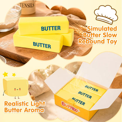 3 Packs Butter Squishy Slow Rising Squeeze Toys, Sensory Fidget Toys | Sensory Fidget Stress Relief Squishies,Soft Realistic Fidget Toys Anxiety Relief Party Favors Butter for Kids＆Adult(Yellow)