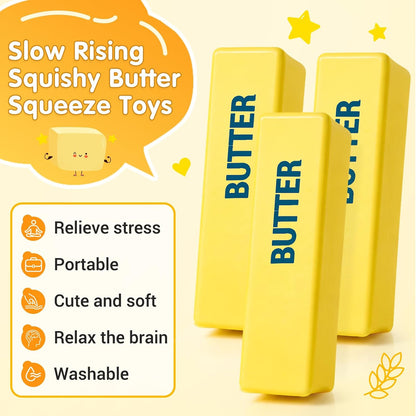 3 Packs Butter Squishy Slow Rising Squeeze Toys, Sensory Fidget Toys | Sensory Fidget Stress Relief Squishies,Soft Realistic Fidget Toys Anxiety Relief Party Favors Butter for Kids＆Adult(Yellow)