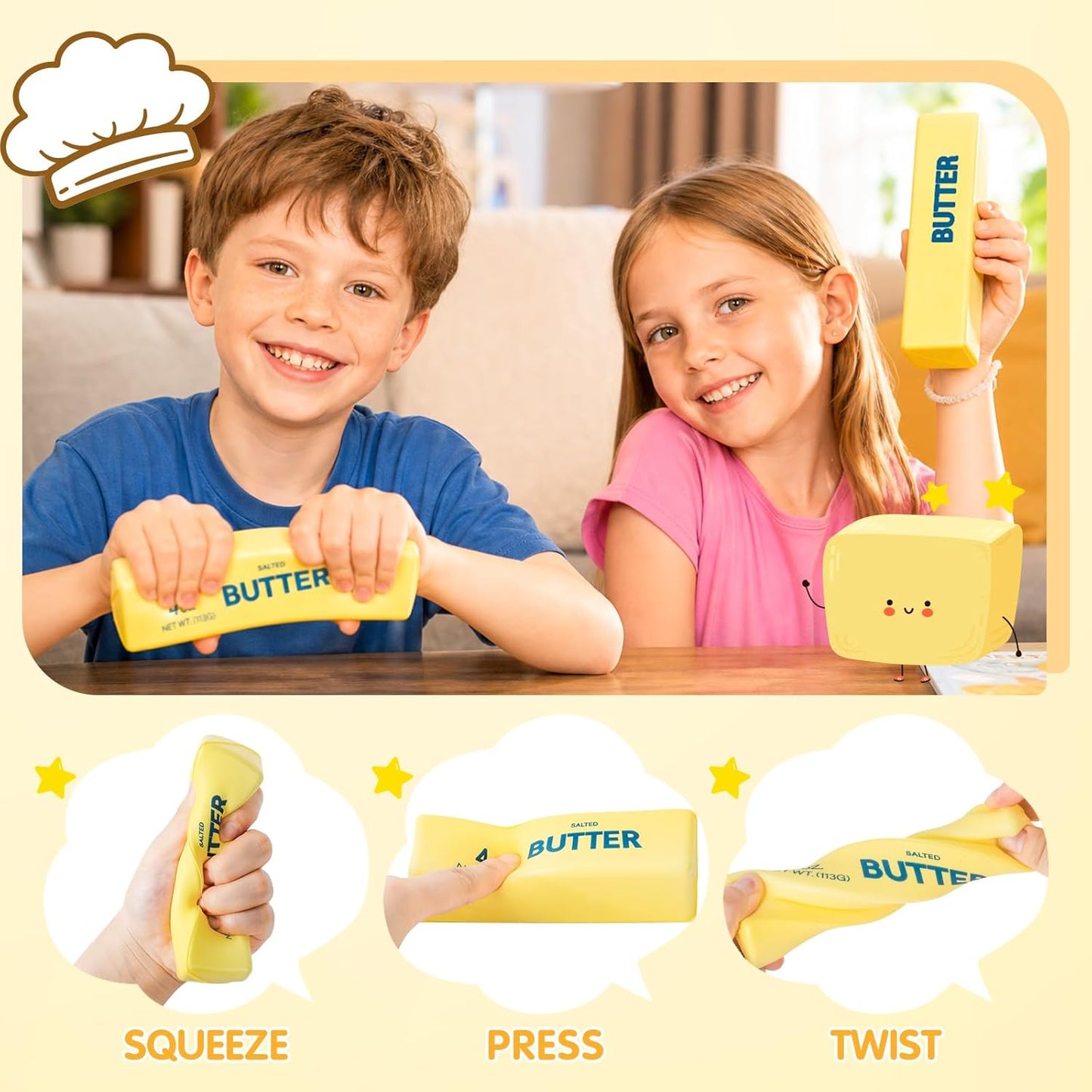 3 Packs Butter Squishy Slow Rising Squeeze Toys, Sensory Fidget Toys | Sensory Fidget Stress Relief Squishies,Soft Realistic Fidget Toys Anxiety Relief Party Favors Butter for Kids＆Adult(Yellow)
