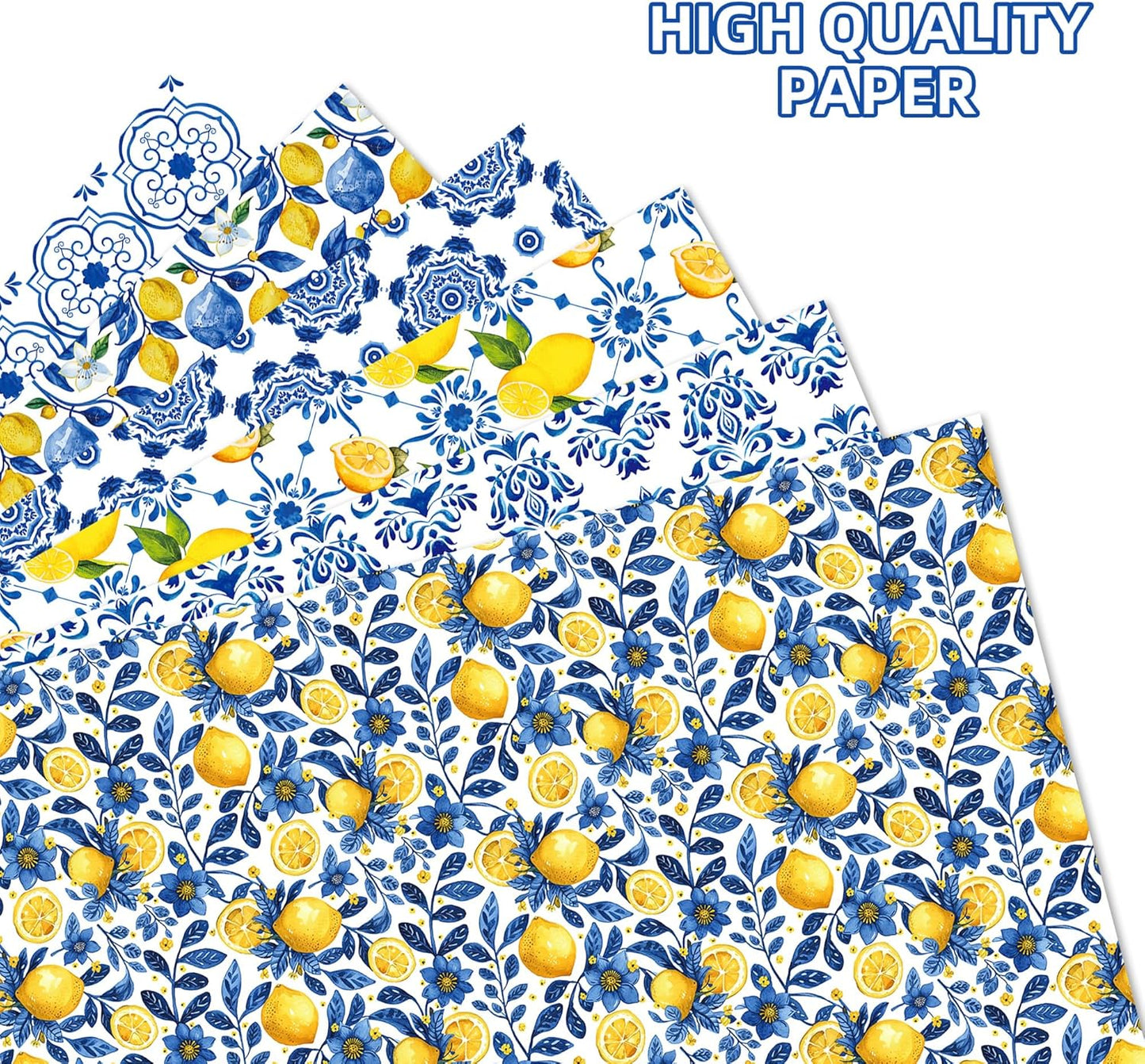 Blue Tile Lemon Wrapping Paper Set, 12 Sheets Lemon Patterns Pattern Gift Wrap Paper for Summer Ftruit Birthday Party Wedding Bridal Shower Baby Shower 20'' x 27'', 6 Styles