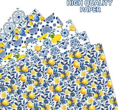 Blue Tile Lemon Wrapping Paper Set, 12 Sheets Lemon Patterns Pattern Gift Wrap Paper for Summer Ftruit Birthday Party Wedding Bridal Shower Baby Shower 20'' x 27'', 6 Styles