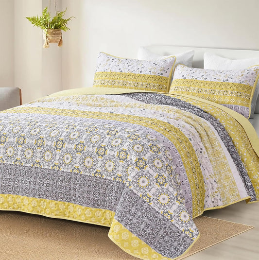 Boho Quilt Set California King, Yellow Bohemian Striped Patchwork Bedspread Coverlet Set with 2 Pillowcases,Lightweight Microfiber Floral Bedding Set 106"×96"