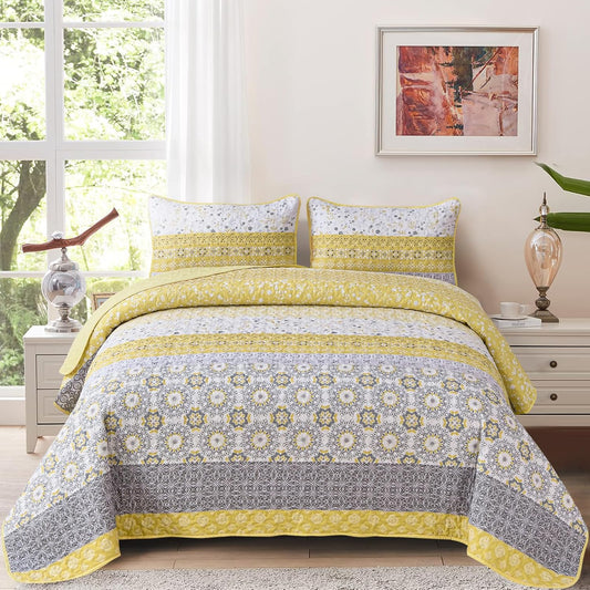Boho Quilt Set California King, Yellow Bohemian Striped Patchwork Bedspread Coverlet Set with 2 Pillowcases,Lightweight Microfiber Floral Bedding Set 106"×96"
