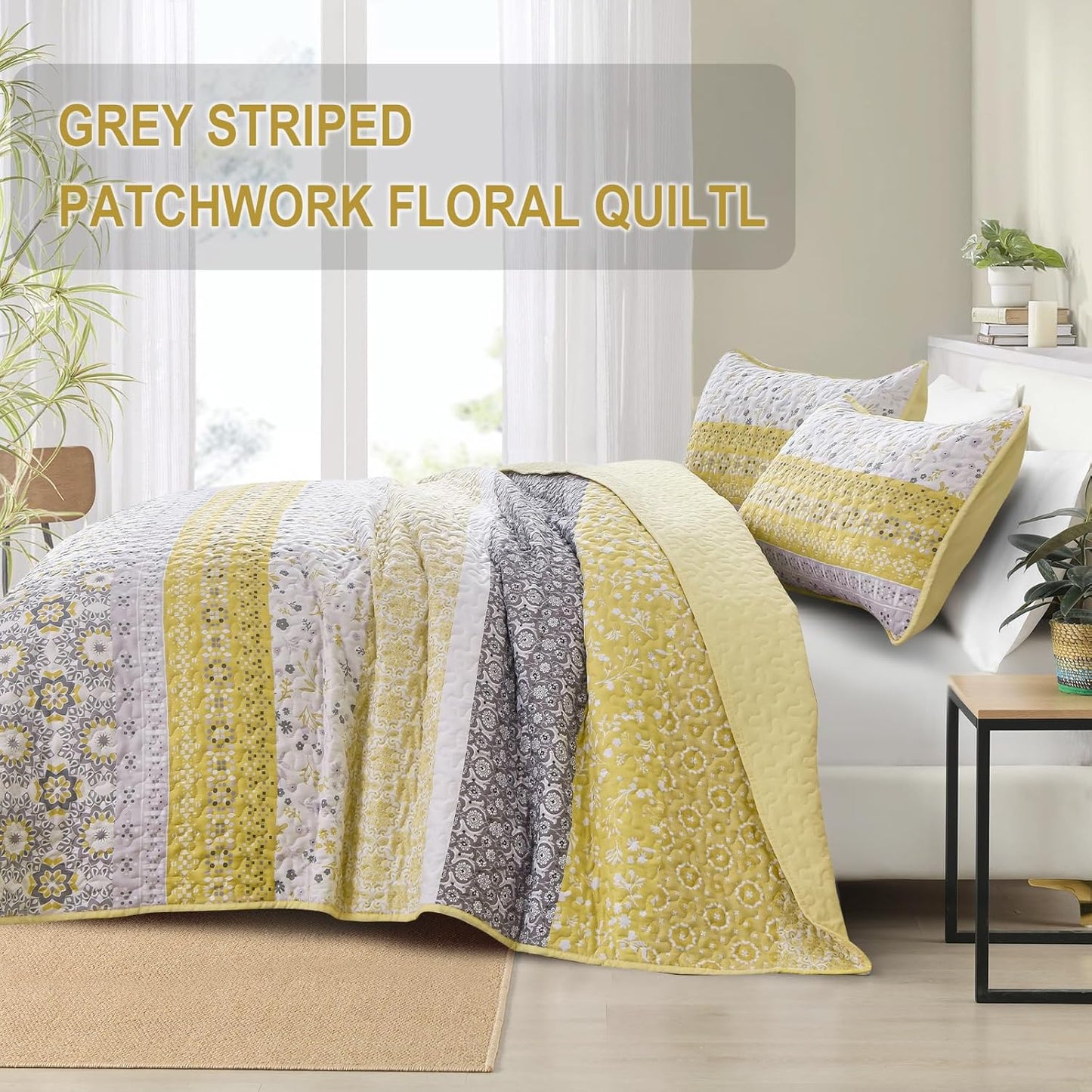 Boho Quilt Set California King, Yellow Bohemian Striped Patchwork Bedspread Coverlet Set with 2 Pillowcases,Lightweight Microfiber Floral Bedding Set 106"×96"