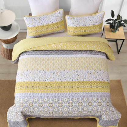 Boho Quilt Set California King, Yellow Bohemian Striped Patchwork Bedspread Coverlet Set with 2 Pillowcases,Lightweight Microfiber Floral Bedding Set 106"×96"