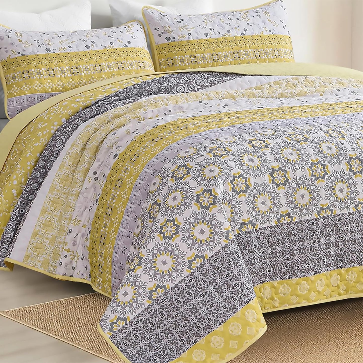 Boho Quilt Set California King, Yellow Bohemian Striped Patchwork Bedspread Coverlet Set with 2 Pillowcases,Lightweight Microfiber Floral Bedding Set 106"×96"