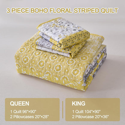 Boho Quilt Set California King, Yellow Bohemian Striped Patchwork Bedspread Coverlet Set with 2 Pillowcases,Lightweight Microfiber Floral Bedding Set 106"×96"