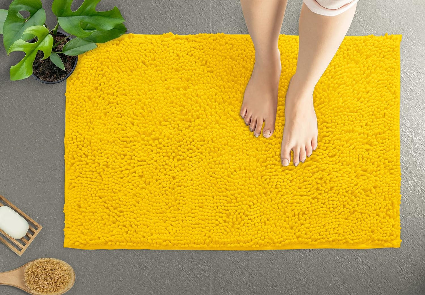 Bath Mat, Extra-Soft Plush Non-Slip Bathroom Rug, Luxury Chenille Microfiber Material, Super Absorbent Shaggy Bath Rug. Machine Wash & Dry (17 x 24 inches, Lemon)
