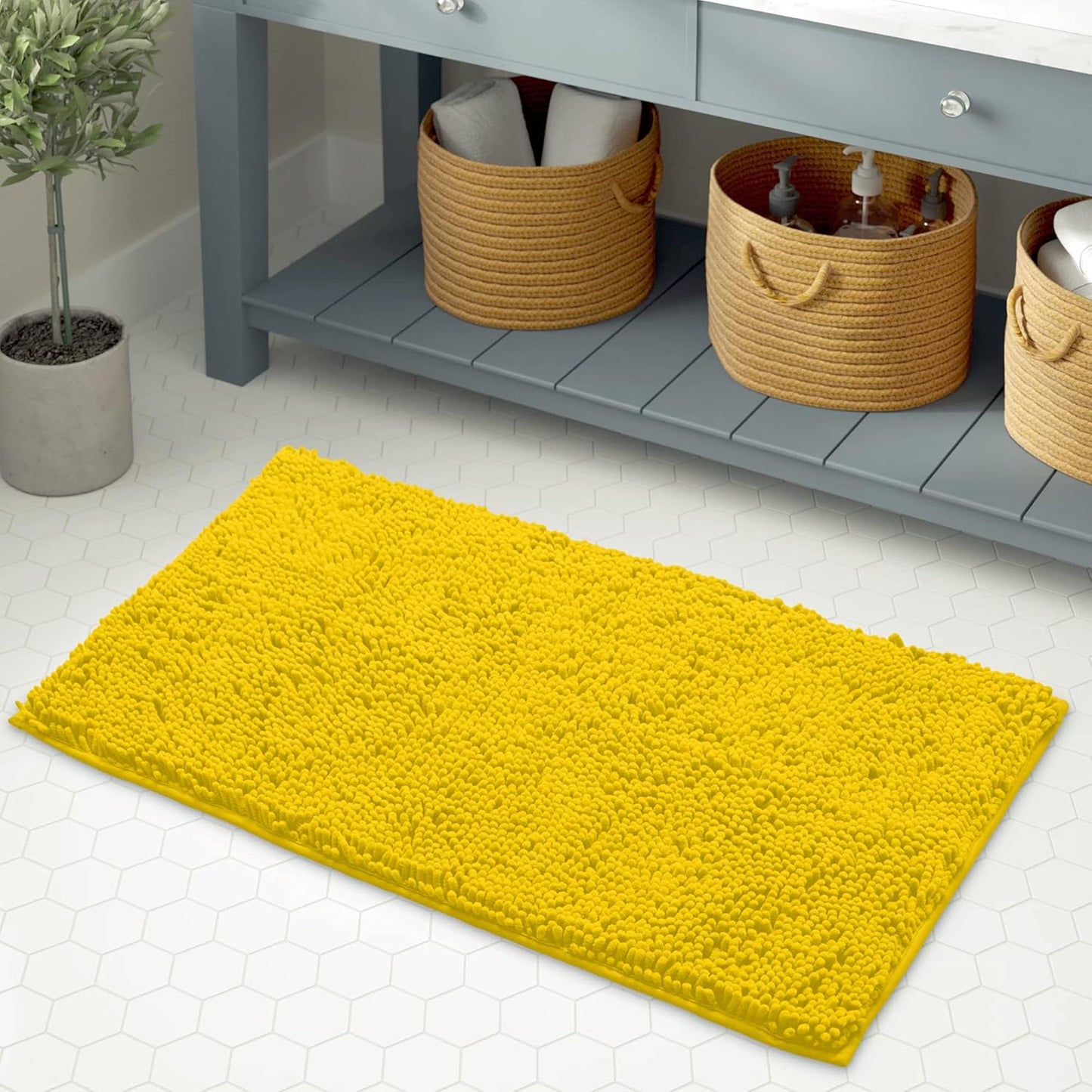 Bath Mat, Extra-Soft Plush Non-Slip Bathroom Rug, Luxury Chenille Microfiber Material, Super Absorbent Shaggy Bath Rug. Machine Wash & Dry (17 x 24 inches, Lemon)