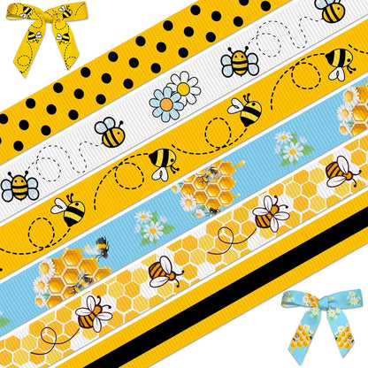 6 Rolls 30 Yards Spring Bee Ribbons for Crafts Wrapping Wreath Bows 3/8'' Honeycomb Bumble Bee Ribbon Yellow Honey Grosgrain Ribbons for Party Home Holiday Decoration Supplies