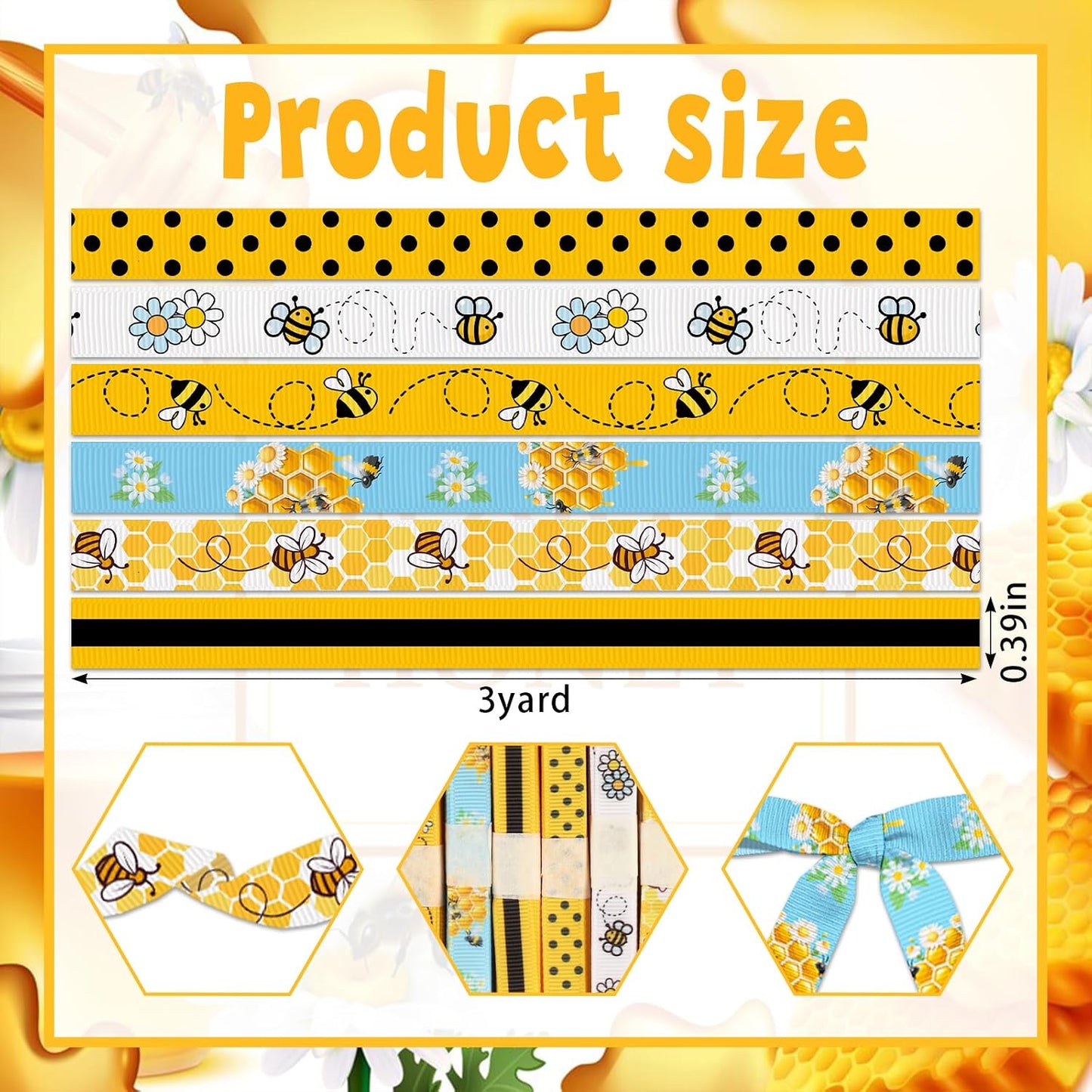 6 Rolls 30 Yards Spring Bee Ribbons for Crafts Wrapping Wreath Bows 3/8'' Honeycomb Bumble Bee Ribbon Yellow Honey Grosgrain Ribbons for Party Home Holiday Decoration Supplies