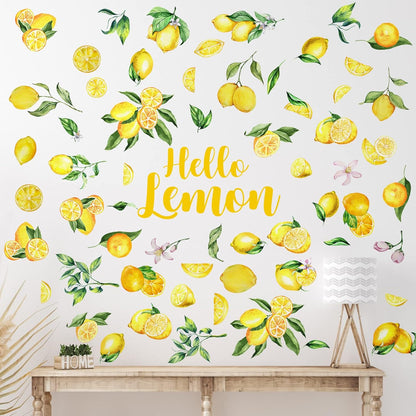 Haull 6 Sheet Summer Lemon Wall Decals Peel and Stick Lemon Wall Stickers Boho Fruit Flower Botanical Leaf Decals Yellow Green Lemonade Wallpaper Summer Stickers for Kitchen Living Dining Room