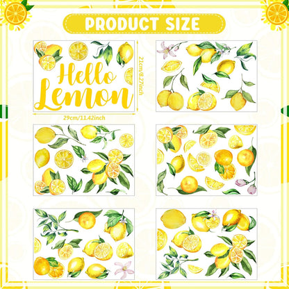 Haull 6 Sheet Summer Lemon Wall Decals Peel and Stick Lemon Wall Stickers Boho Fruit Flower Botanical Leaf Decals Yellow Green Lemonade Wallpaper Summer Stickers for Kitchen Living Dining Room