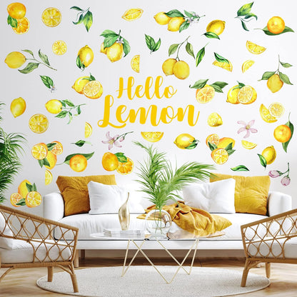 Haull 6 Sheet Summer Lemon Wall Decals Peel and Stick Lemon Wall Stickers Boho Fruit Flower Botanical Leaf Decals Yellow Green Lemonade Wallpaper Summer Stickers for Kitchen Living Dining Room