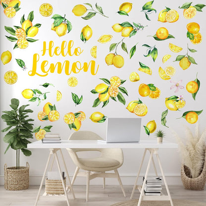 Haull 6 Sheet Summer Lemon Wall Decals Peel and Stick Lemon Wall Stickers Boho Fruit Flower Botanical Leaf Decals Yellow Green Lemonade Wallpaper Summer Stickers for Kitchen Living Dining Room