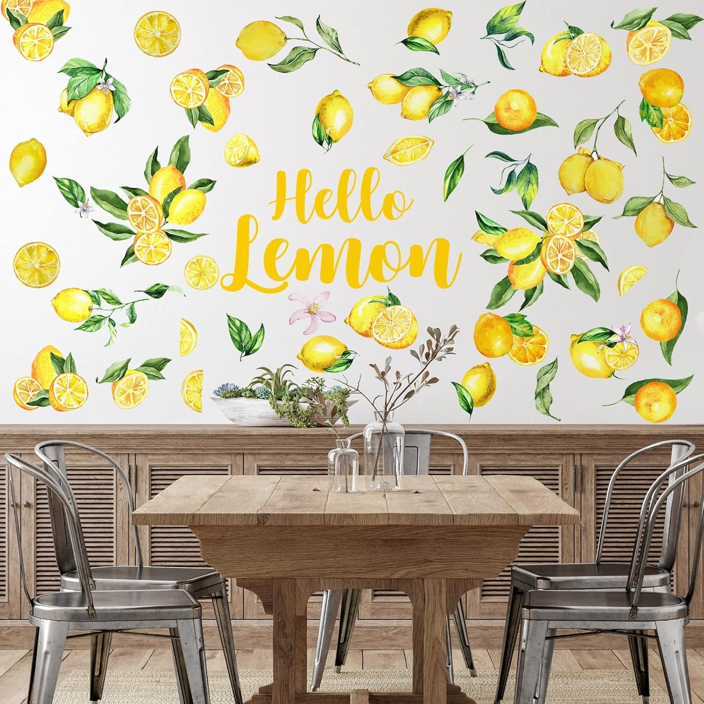 Haull 6 Sheet Summer Lemon Wall Decals Peel and Stick Lemon Wall Stickers Boho Fruit Flower Botanical Leaf Decals Yellow Green Lemonade Wallpaper Summer Stickers for Kitchen Living Dining Room