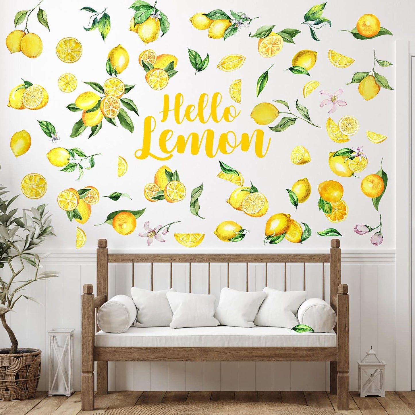 Haull 6 Sheet Summer Lemon Wall Decals Peel and Stick Lemon Wall Stickers Boho Fruit Flower Botanical Leaf Decals Yellow Green Lemonade Wallpaper Summer Stickers for Kitchen Living Dining Room