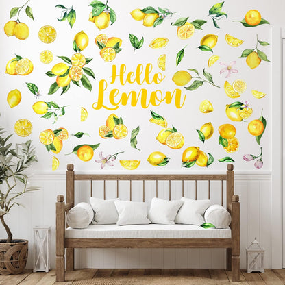 Haull 6 Sheet Summer Lemon Wall Decals Peel and Stick Lemon Wall Stickers Boho Fruit Flower Botanical Leaf Decals Yellow Green Lemonade Wallpaper Summer Stickers for Kitchen Living Dining Room