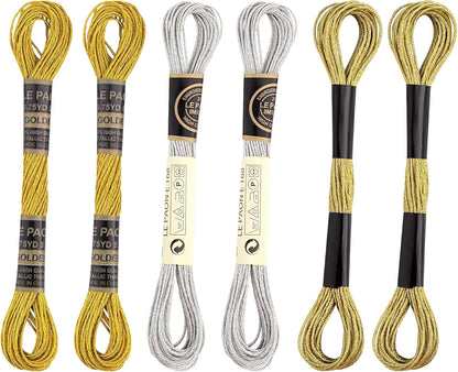 6 Skeins Metallic Embroidery String, 8-Meter 12-Strand Polyester Cross-Stitch Threads, Sparkly Hand Embroidery Floss for Sewing Arts (Gold & Silver & Yellow)