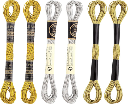 6 Skeins Metallic Embroidery String, 8-Meter 12-Strand Polyester Cross-Stitch Threads, Sparkly Hand Embroidery Floss for Sewing Arts (Gold & Silver & Yellow)