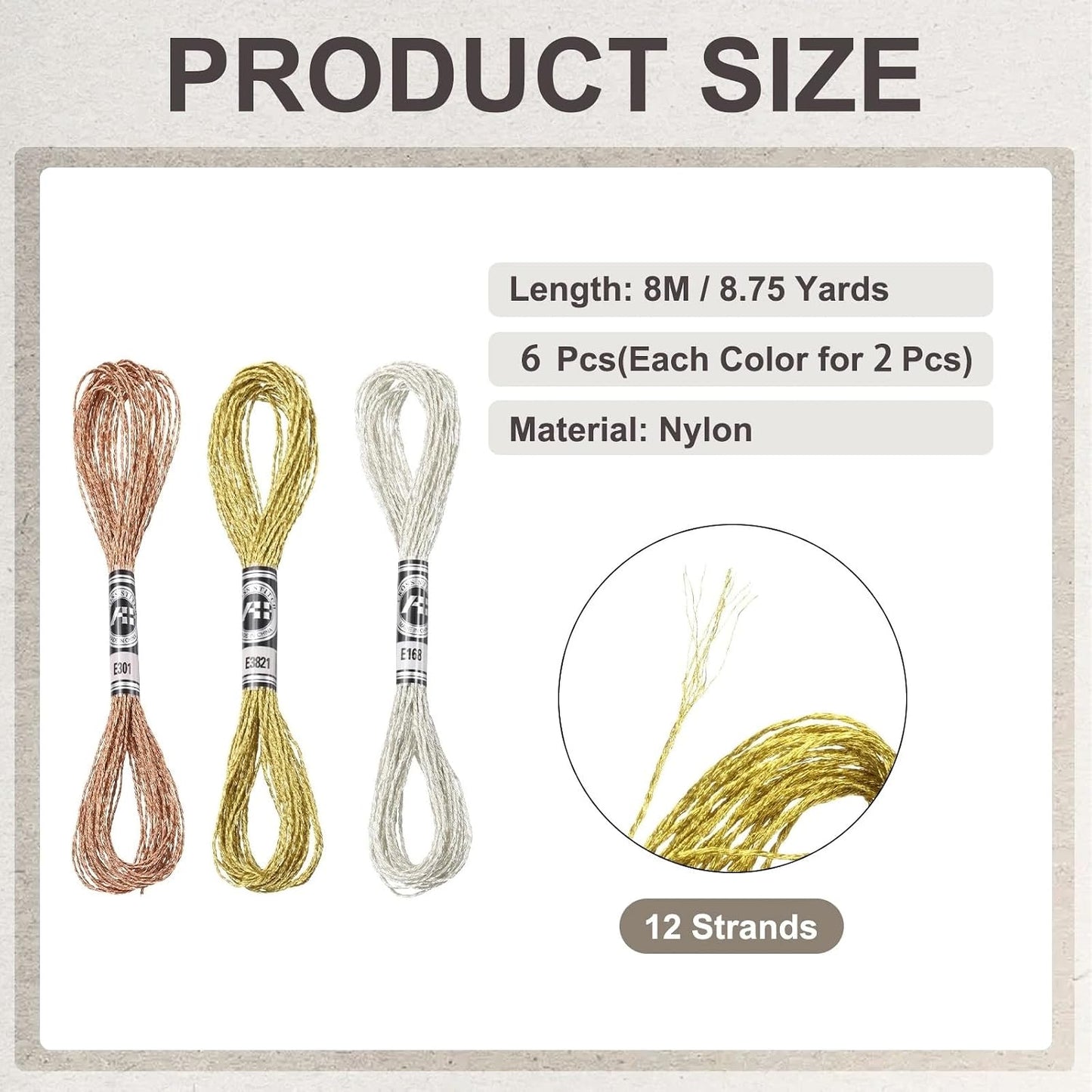6 Skeins Metallic Embroidery String, 8-Meter 12-Strand Polyester Cross-Stitch Threads, Sparkly Hand Embroidery Floss for Sewing Arts (Gold & Silver & Yellow)