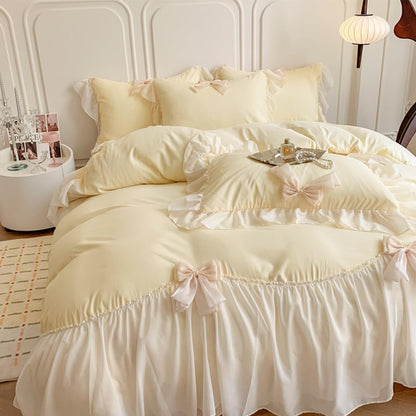 Ruffled Bedding Bow Duvet Cover Set with Butterfly Tie, Full Comforter Cover Set, Shabby Chic Bedding Set,Romantic French Princess Style -Yellow,Full
