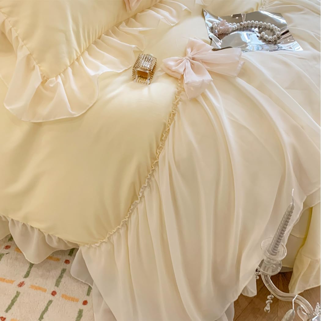 Ruffled Bedding Bow Duvet Cover Set with Butterfly Tie, Full Comforter Cover Set, Shabby Chic Bedding Set,Romantic French Princess Style -Yellow,Full
