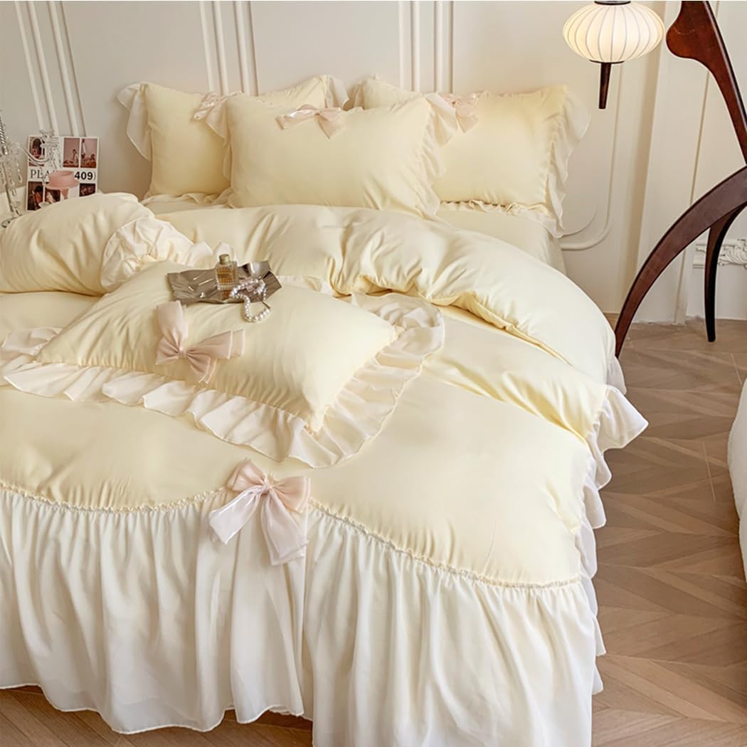 Ruffled Bedding Bow Duvet Cover Set with Butterfly Tie, Full Comforter Cover Set, Shabby Chic Bedding Set,Romantic French Princess Style -Yellow,Full