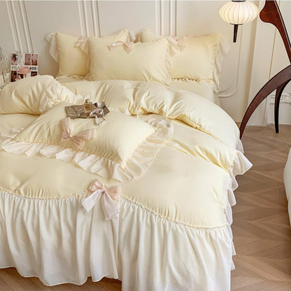 Ruffled Bedding Bow Duvet Cover Set with Butterfly Tie, Full Comforter Cover Set, Shabby Chic Bedding Set,Romantic French Princess Style -Yellow,Full
