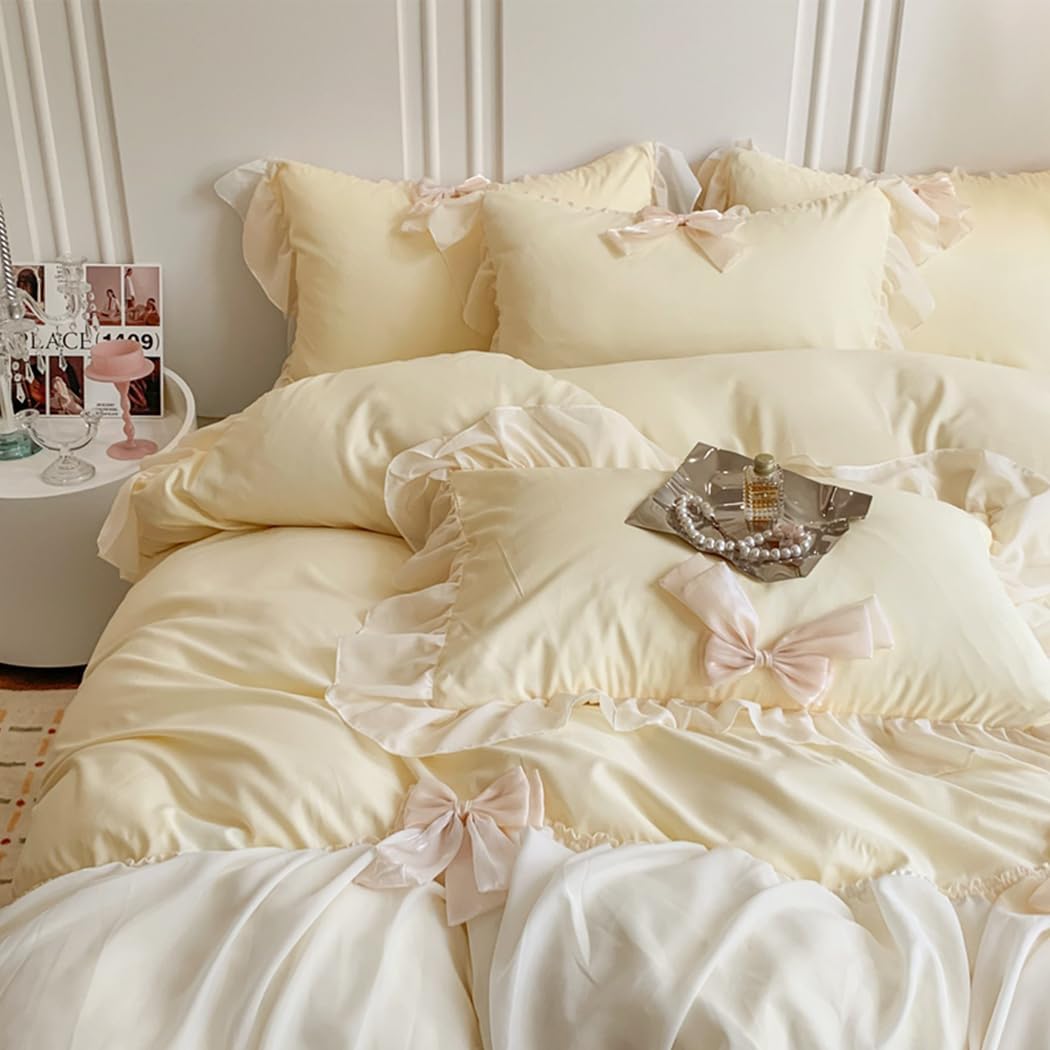 Ruffled Bedding Bow Duvet Cover Set with Butterfly Tie, Full Comforter Cover Set, Shabby Chic Bedding Set,Romantic French Princess Style -Yellow,Full